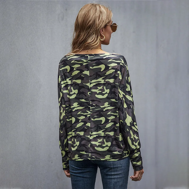 Womens Off-shoulder T-shirts Fashion Camouflage Knit Loose Bottoming Shirt  Fall Winter Long Sleeve Casual Women T-shirt Tops
