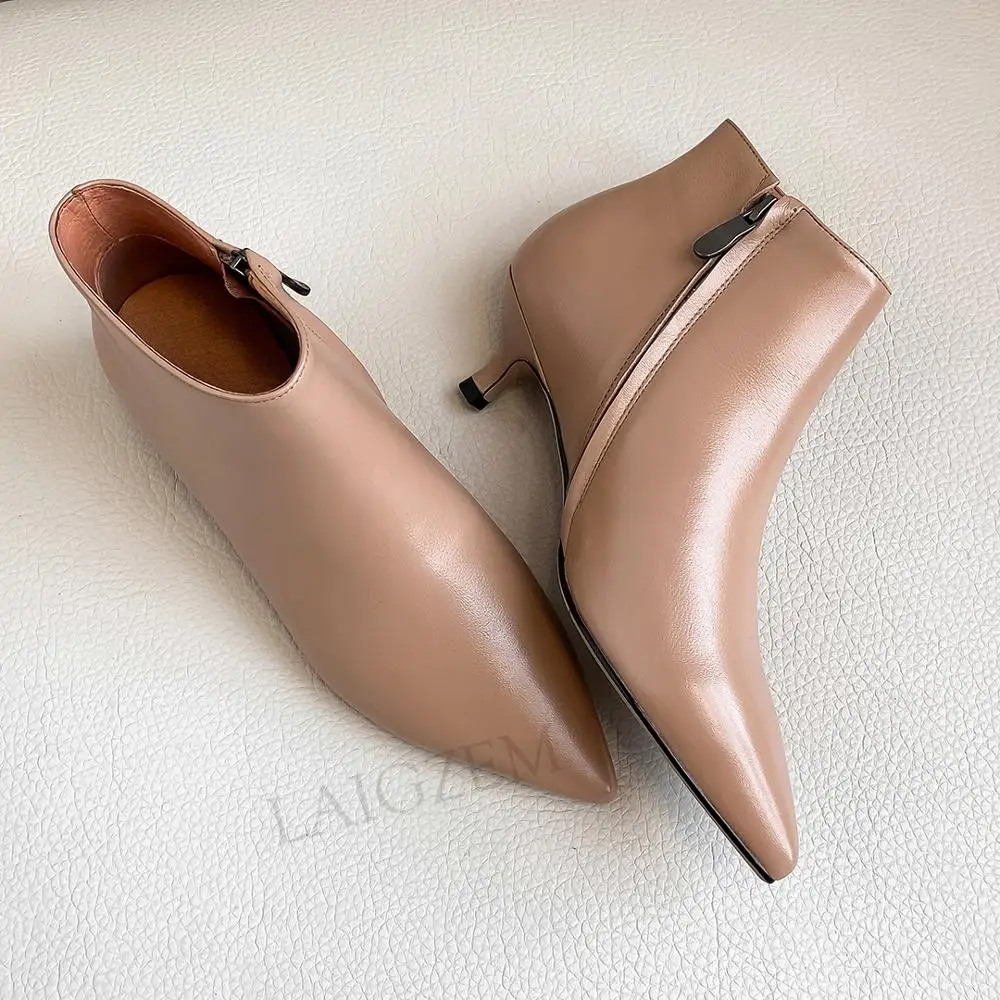 LAIGZEM moda kobiety botki prawdziwej skóry boczne Zip 4.5CM kocie obcasy botki damskie buty kobieta duży rozmiar 33 38 39 40