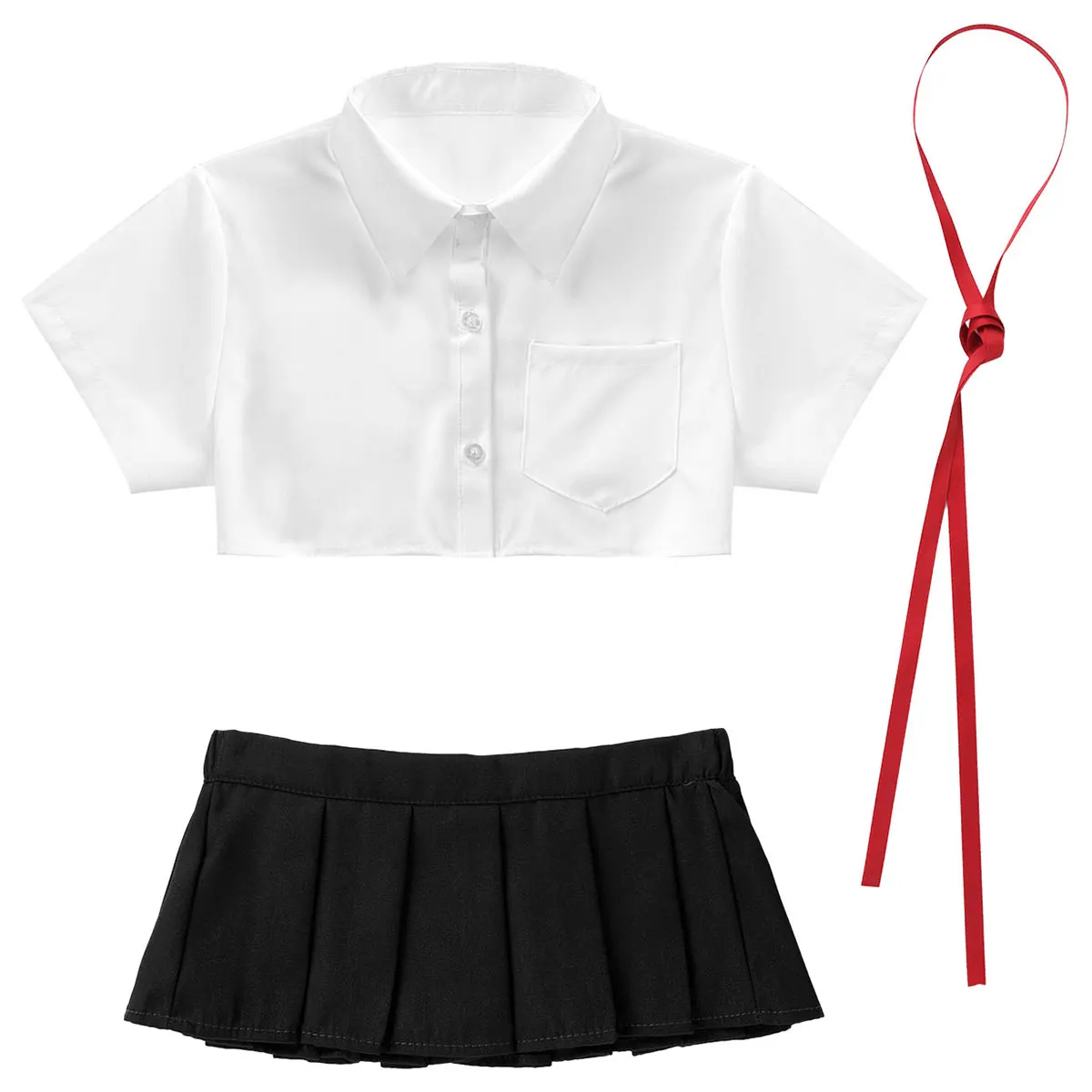 Womens Femme Naughty School Girl Cheerleader Cosplay Costume Turn-down Collar T-shirt Crop Tops with Ribbon Mini Pleated Skirt