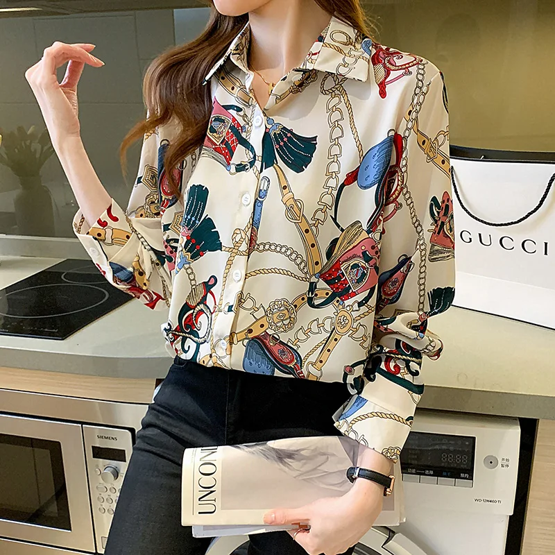 Fashion chain print ladies shirts Women\'s Blouses 2021 Spring Autumn Long Sleeve Shirts Tops Blusas Mujer