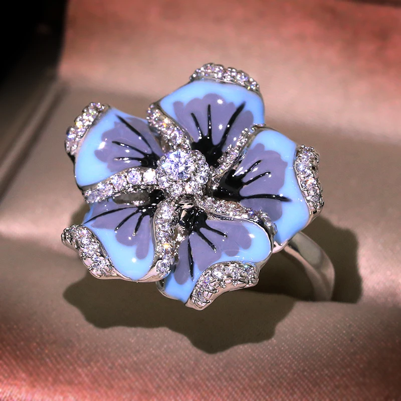 Milangirl High Quality Jewelry For Woman Gorgeous Blue Flower Ring Fashion Trendy Jewelry HANDMADE Enamel Ring