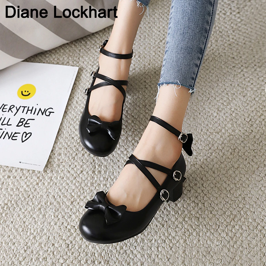 Low Heels 2024 Women Lolita Shoes Ankle Strap Pumps Spring Autumn Bow Princess Casual Cosplay Shoe Girl Students Lovely Party