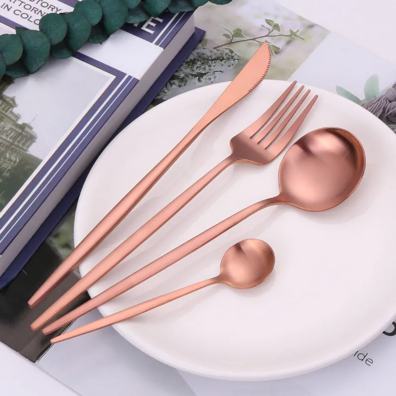 Cutlery Set Stainless Steel Dessert Knifes Forks Set Rose Gold Western Kitchen Dinnerware Set Matte Spoons Chopsticks Tableware