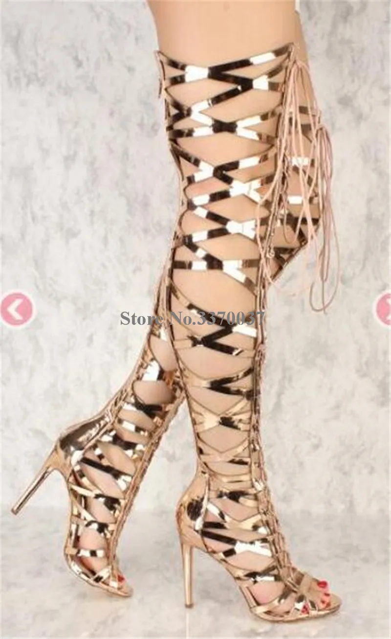 New Design Women Fashion Open Toe Lace-up Strap Cross Over Knee Gladiator Boots Cut-out High Heel Long Boots Dress Shoes