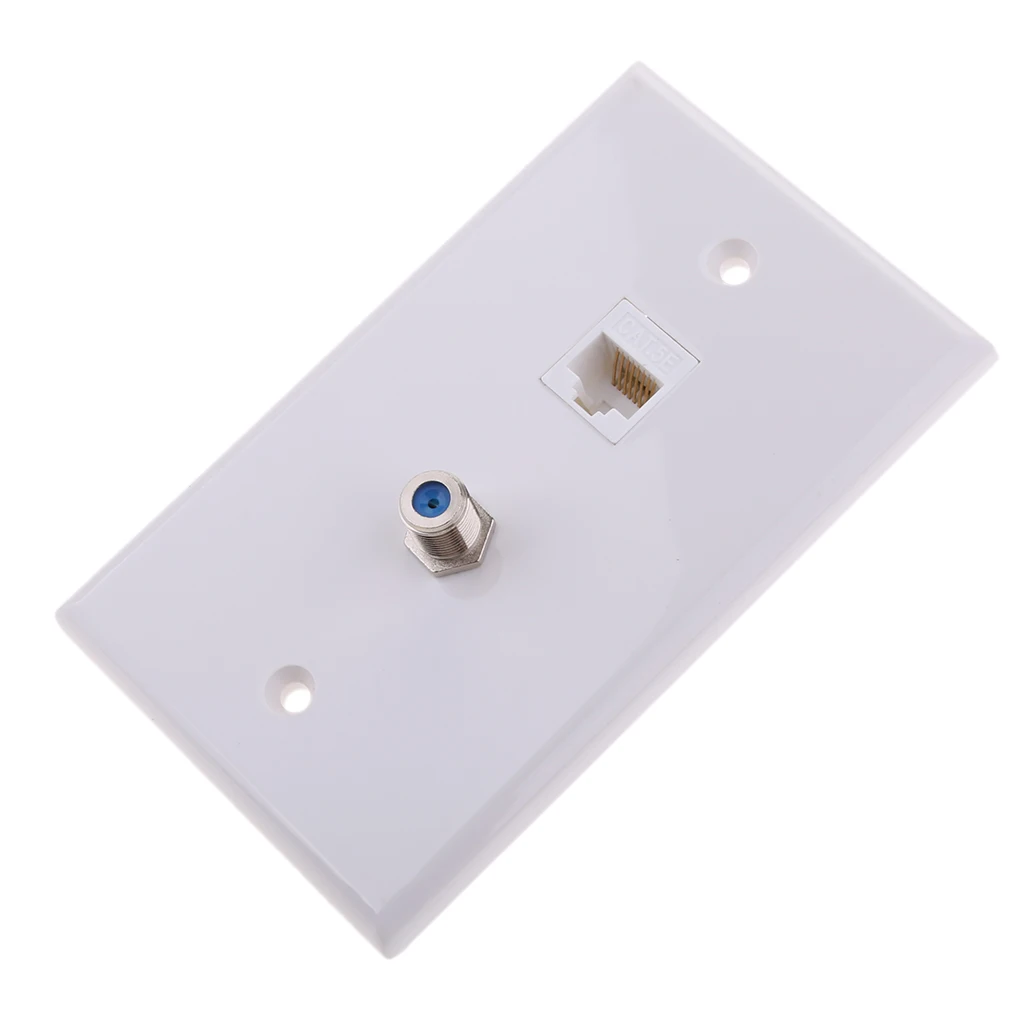 Ethernet Coax Wall Plate - Cat7 Coax Wall Plate with 1 Ethernet Port + 1 TV Coax Cable F-Type Connector - White