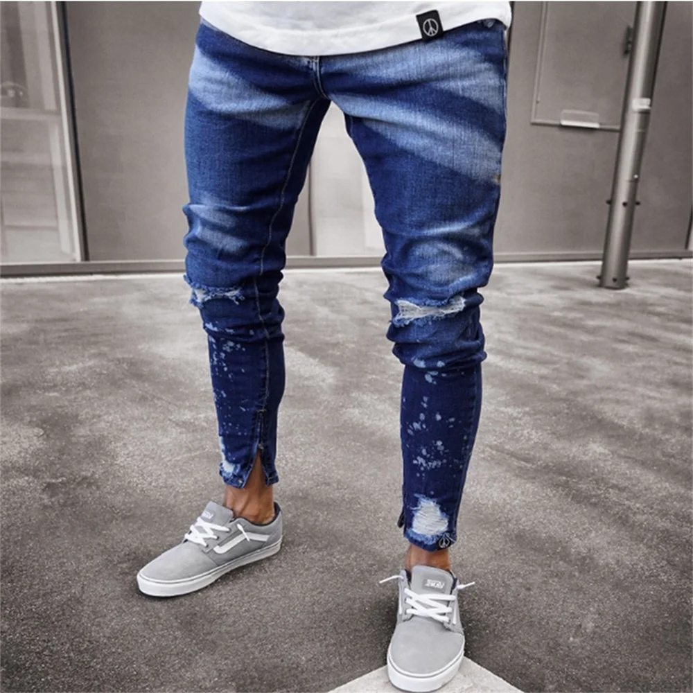 EH · MD® 100% Cotton Casual Sports Jeans Men Blue and White Dyeing Holes Scratching Skinny Trousers Zipper Opening Trend Cotton2