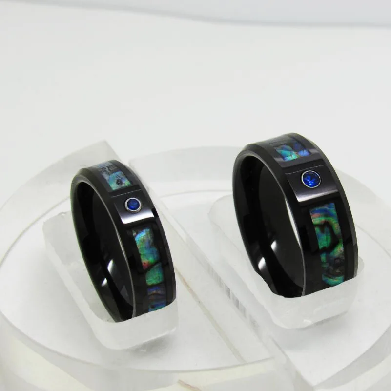 Black Rings 6mm/8mm Width Colorful Abalone Tungsten Rings With Blue CZ Stones for Woman Man Size 6-13, Free Shipping