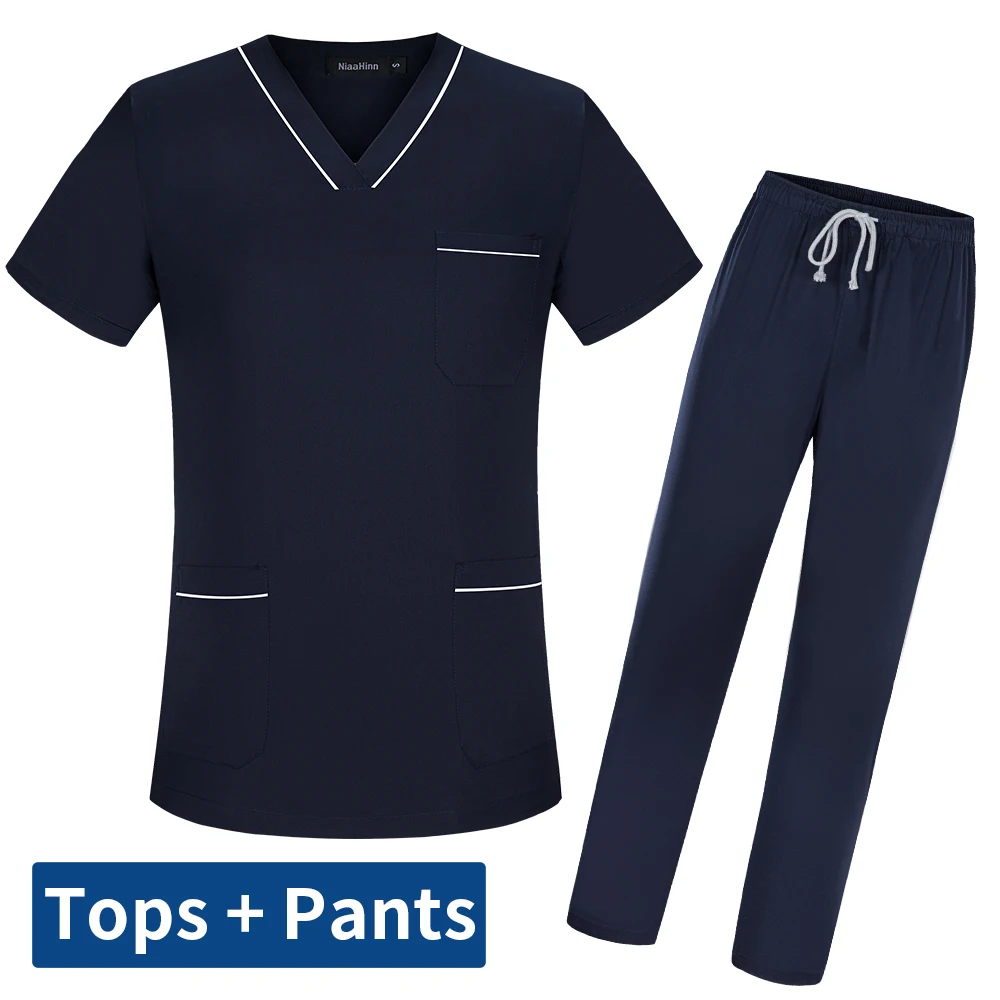 Workwear พยาบาล Unisex สัตว์เลี้ยงหมอพยาบาล Frosted Tops กางเกง Beauty Salon Scrubs Uniform แขนสั้นทางการแพทย์ชุดขัด