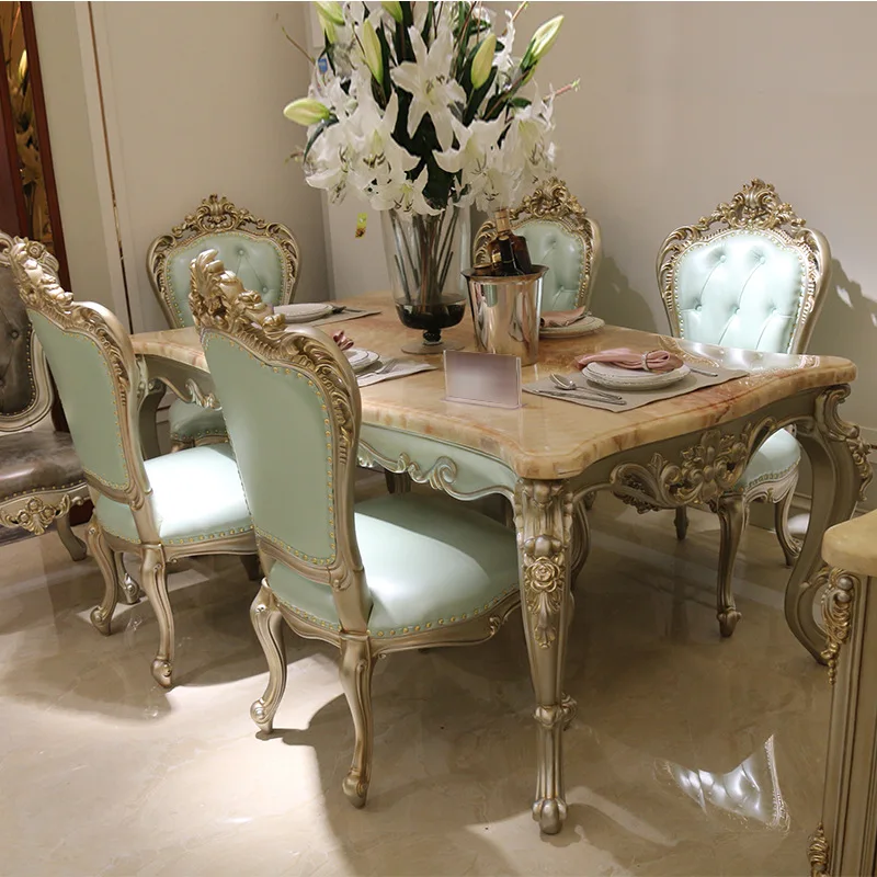 European style marble dining table 1.6 / 1.8 meters solid wood rectangular dining table 6 people dining table classical American
