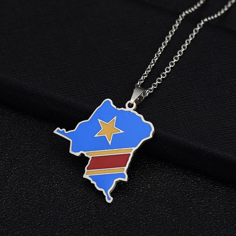 Africa Democratic Republic of the Congo Map Flag Pendant Necklace Gold/Steel Color Men/Women Stainless Steel Map Ethnic jewelry