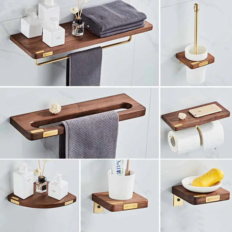 Bathroom Accessories Set Wood & Gold Brass Towel Bar Tissue Rack Corner Shelf  Toilet Brush Holder Soap Dish Bath Hardware