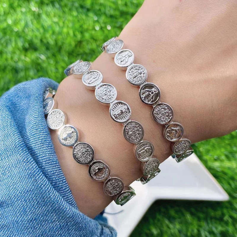 5pcs/lot Religious jewelry miracle guadalupe san benito coin shape Open Bangles Bracelets