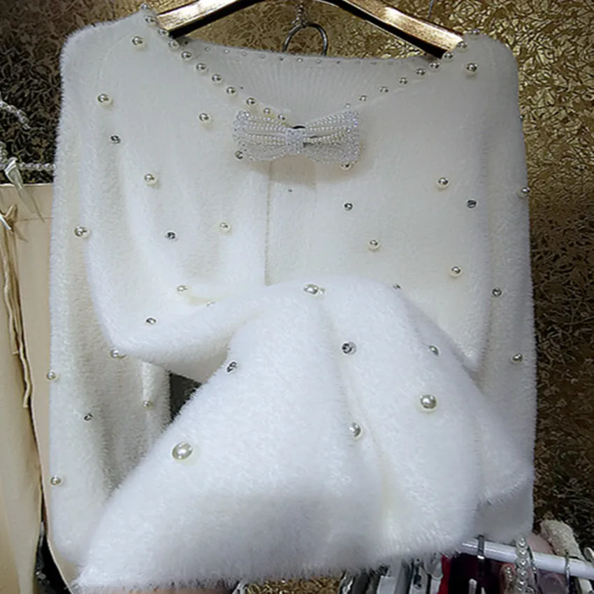 Super shinny rhinestones pearl sweater cardigan sweater women loose outwear