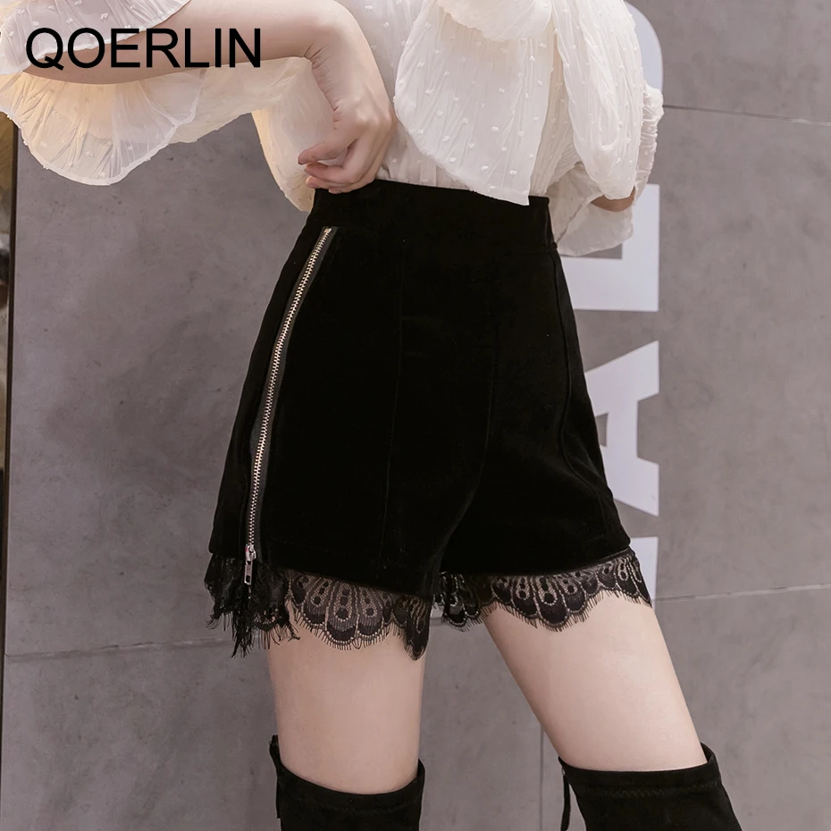 QoerliN Women\'s Velvet Shorts Sexy Lace Shorts Korean High Waist Slim Side Zipper Shorts Straight Trouser