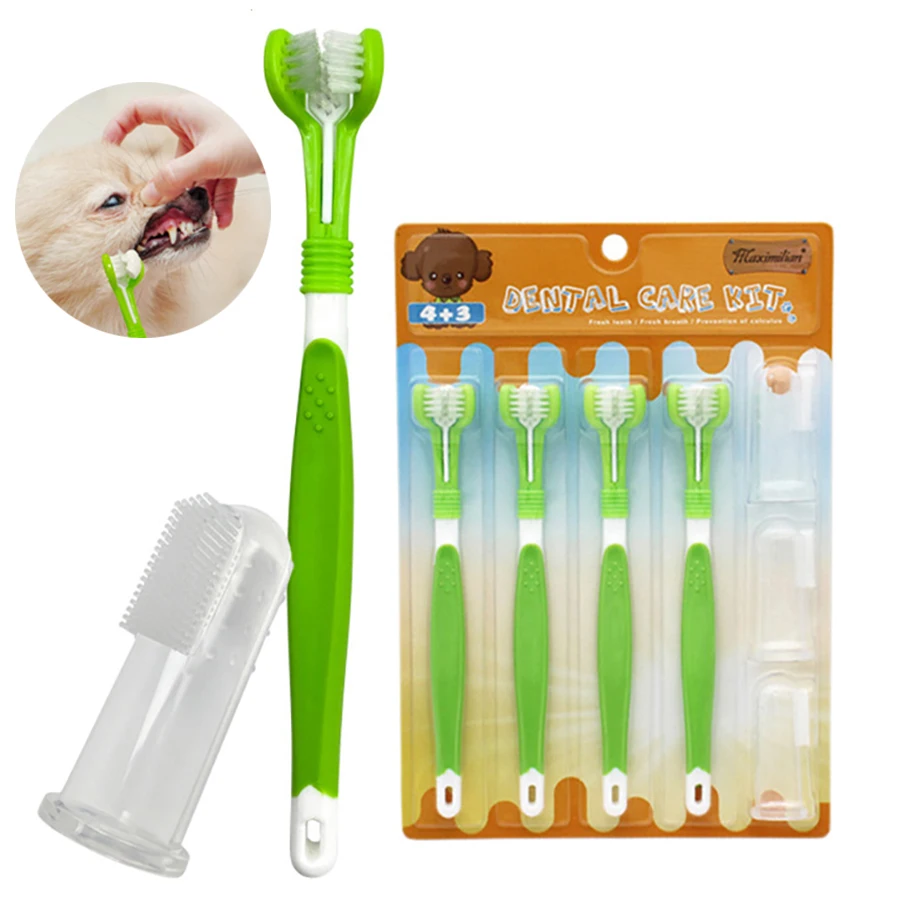 Pet Toothbrush Kit Dental Care Three Heads Dog Toothbrush Finger Toothbrush Teeth Care Dog Cat Cleaning Mouth Dog Toothbrush Kit