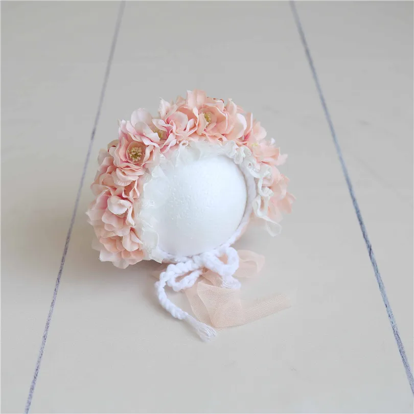 

Pink Newborn Photography Floral Bonnet Baby Lace Beanie Crochet Baby Girl Hat Newborn Photo Prop Hat Shower Gift