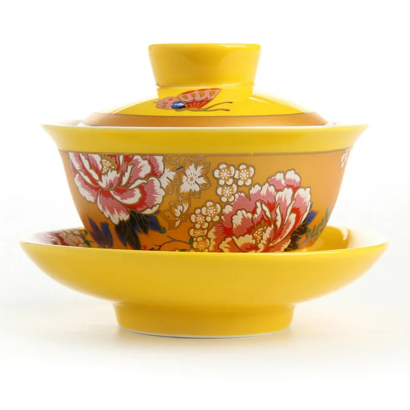 Yellow tea tureen traditional antique tea bowl cup red flower wedding ceramic gaiwan  tray porcelain marry newlywed gift