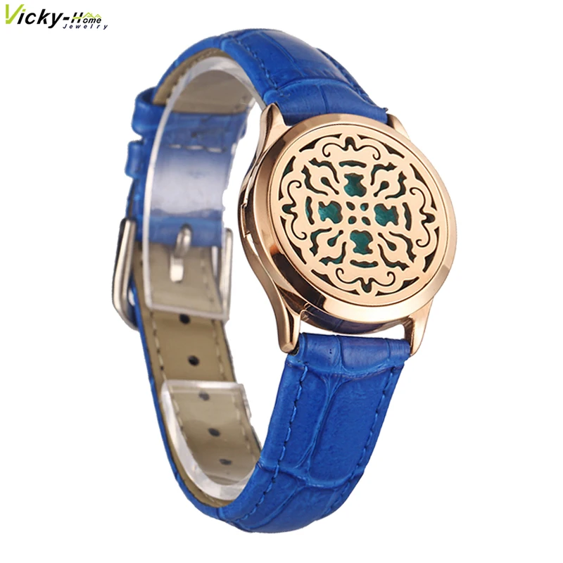 

New Aroma Blue Genuine Leather Locket Stainless Steel Man Woman Bangle Essential Oils Aromatherapy Locket Bracelet