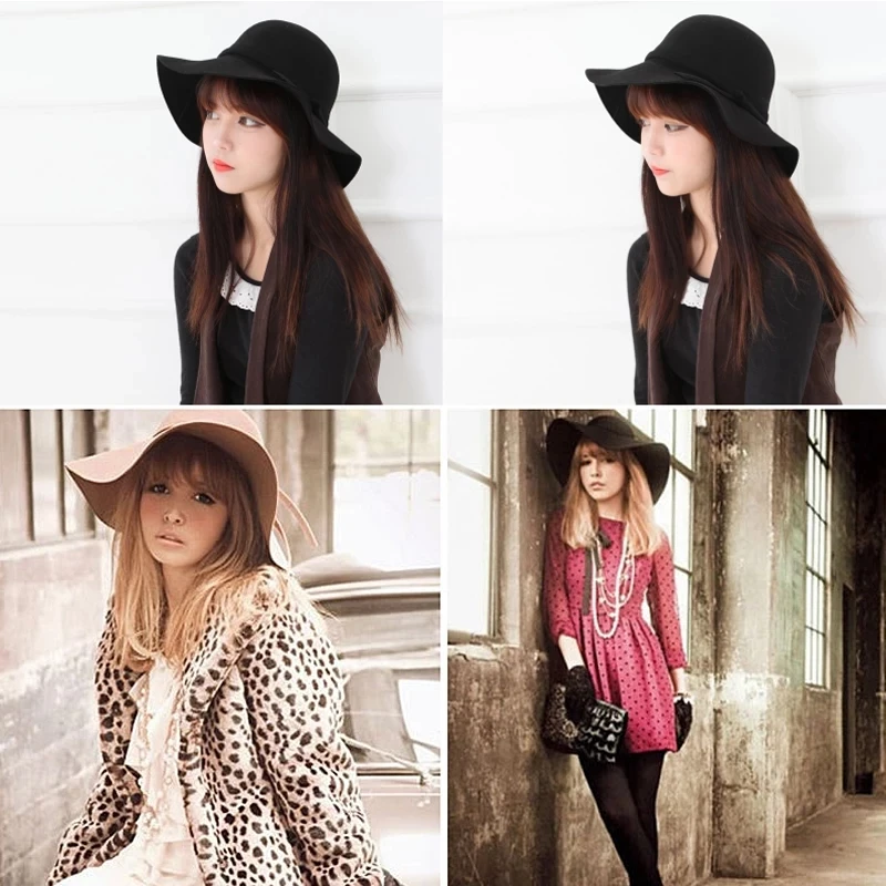 Women\'s Wide Brim Felt Bowler Faux Wool Fedora Hat Floppy Sun Bowknot Cloche Cap Bowlers Hat for Ladies gorros mujer invierno
