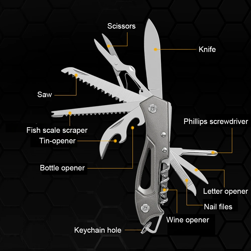 Cuchillo suizo multifuncional para exteriores, para campamento multiherramienta, abrebotellas, cuchillo plegable portátil, tijeras, sierra militar,