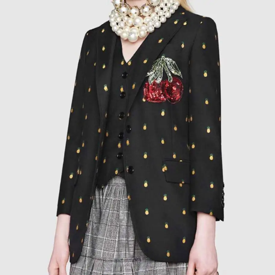 Cherry sequin embroideren small suit women notched small fragrance pineapple printed blazer