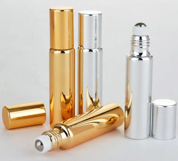 

1000pcs/lot 10ml ROLL ON GLASS BOTTLE Black Gold Silver Fragrances ESSENTIAL OIL Perfume Bottles With Metal Roller Ball