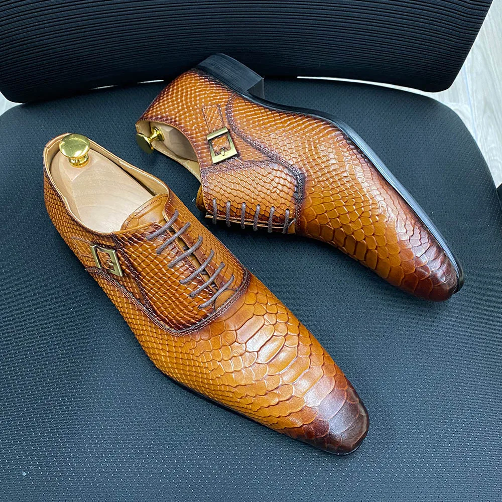 Men Genuine Leather Oxford Shoes Brown Black Business Dress Suit Shoes Men High Quality Snake Print Lace Up Wedding Mens Shoes