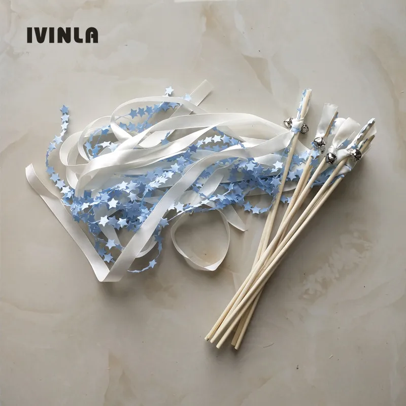 30pcs/lot light blue wedding ribbon wands with bell for wedding decoration