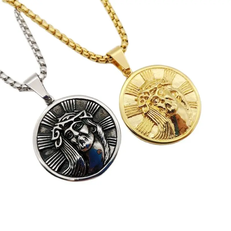 Christian Jesus pendant necklace men 316L Stainless steel Jesus medal badget necklace religious Jesus medal Christian necklace