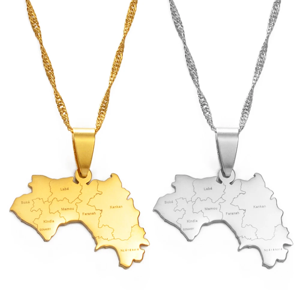 Anniyo The Republic of Guinea Map & Cities Name Pendant Necklace Women Gold Color Jewelry Map Of Guinea Necklaces Guinea #176621