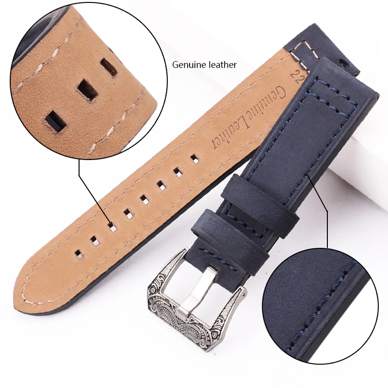 Genuine Leather Watchband 20mm 22mm 24mm Watch Band Black Brown Blue Gray Cowhide Watch Strap Accessories