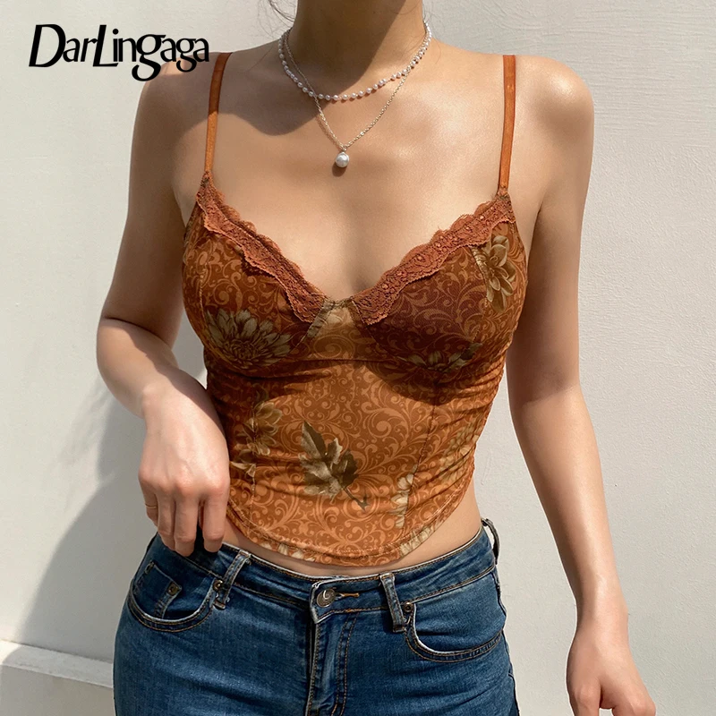 Darlingaga Fashion Vintage Floral Print Strap Mesh Top Women Camisole V Neck Lace Trim Sexy Hot Top See Through Summer Crop Tops