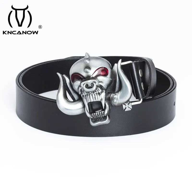 Men's Genuine Cowhide Leather Belt Skull Head Buckle Punk Accessories 3.8cm Zinc Alloy Retro Gothic Style Strap Halloween Gift