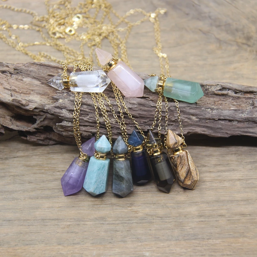 

Natural Fluorite Double Pointed Perfume Bottle Pendants Necklace Amazonite Smoky Quartzs Prism Essential Oil Vial Charms QC1027