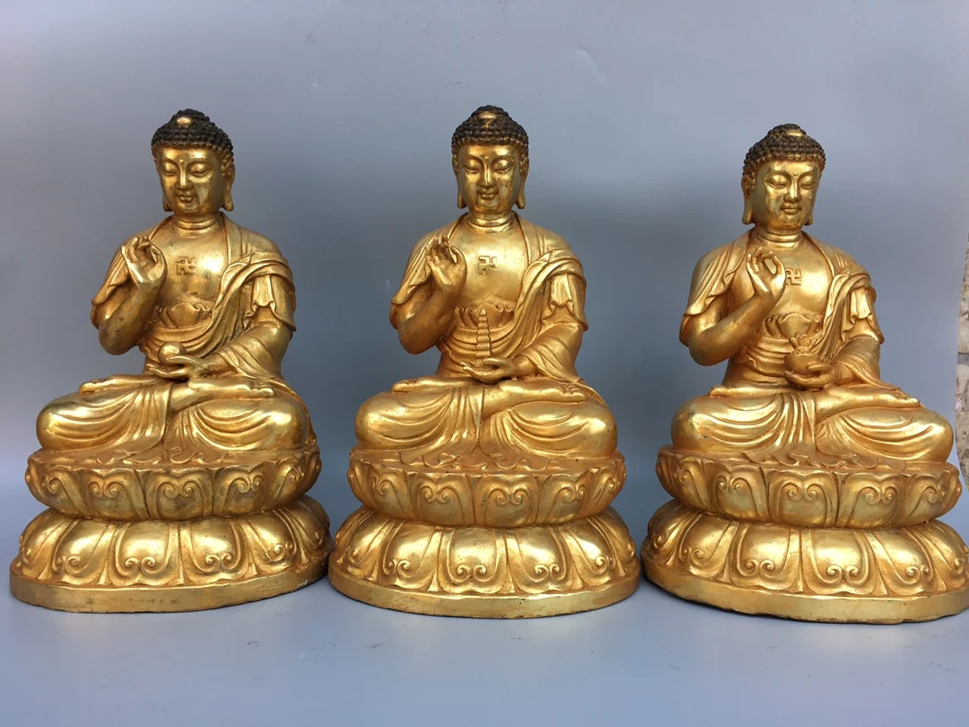 

19"Tibet Temple Collection Old Bronze Gilt Shakyamuni Sambo Buddha Three Buddha Trikalea Buddhas Statues Worship Hall Town house