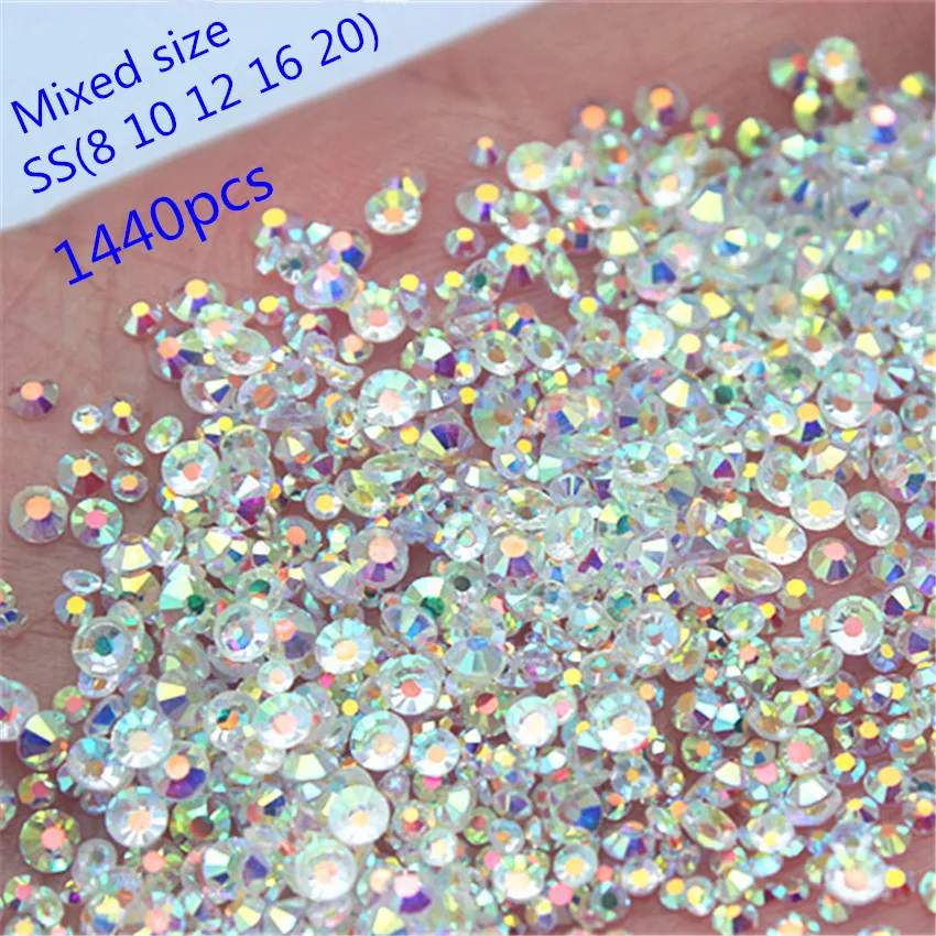 Cong Shao Mixed Size SS(8 10 12 16 20) AB Stone Glass Gem Clear AB 3D Nail Rhinestones,1440Pcs Flat Back Non Hotfix Crystal 8Y66