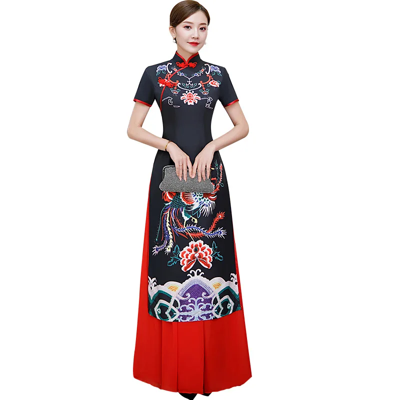 Black Women Ao Dai Cheongsam Long Party Dress Chinese Style Mandarin Collar Slim Qipao Elegant Prom anquet Gown Vestido S-5XL