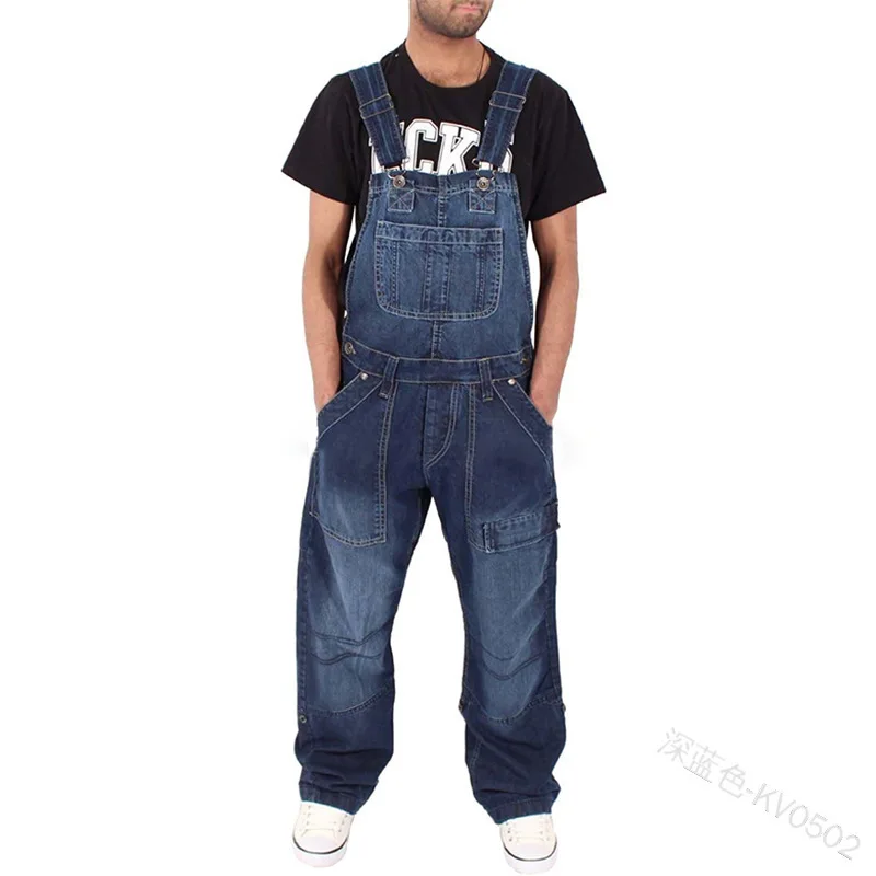 2024  Men's Versatile Overalls Youth Fashion Simple Multi-Pocket Loose Shoulder Strap Jeans