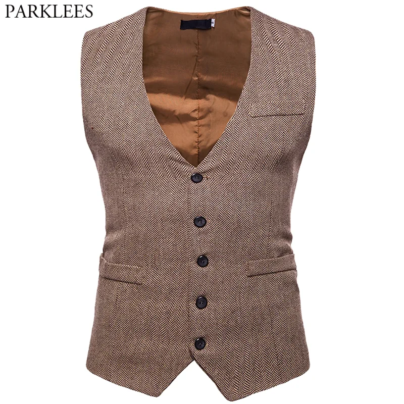 Herringbone Tweed Mens Waistcoat Formal Business Casual Slim Fit Vests for Men Retro British Style Gentleman Men Suit Vest Gilet