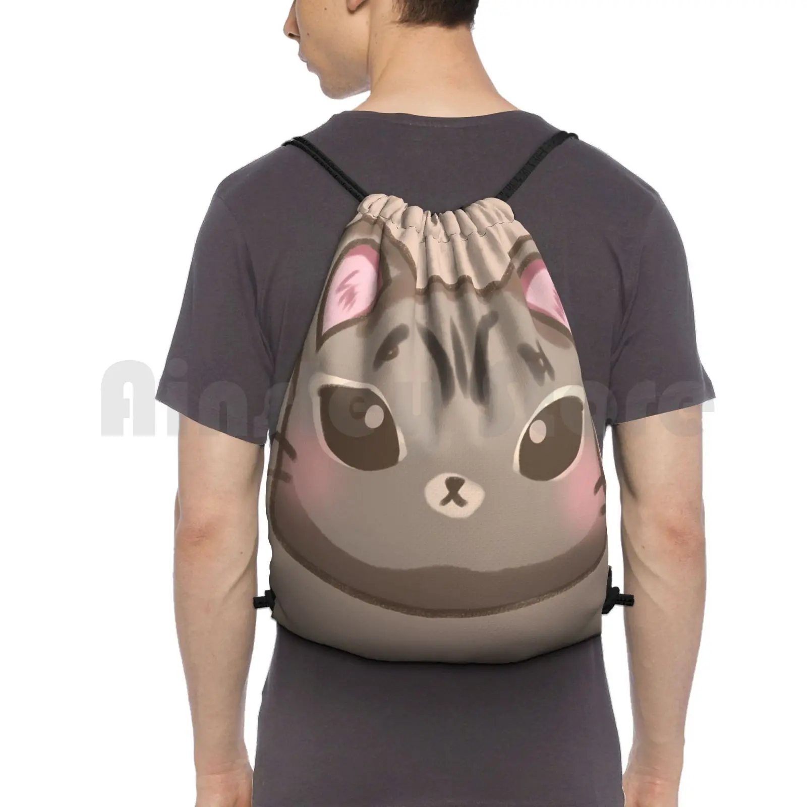 

Cute Kitty Backpack Drawstring Bags Gym Bag Waterproof Cute Gray Grey Brown Dark Cat Kitty Blushing Kawaii Happy