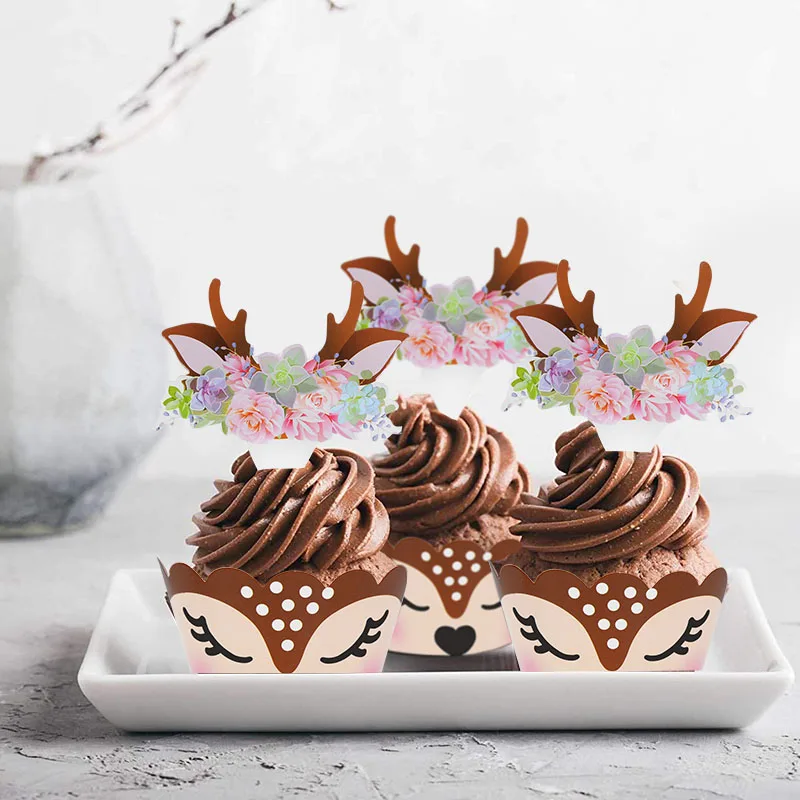 12/24 stücke Cartoon Sika Deer Cupcake Wrapper Geweih Papier Kuchen Topper Frohe Weihnachten Weihnachten Neue Jahr Geburtstag Party Dekoration – Detail 14