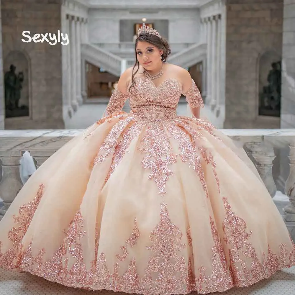 Robe de bal à paillettes Rose or scintillante, tenue de soirée élégante de princesse douce de 15 ans, grande taille, 2022