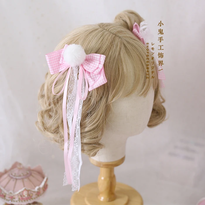 Japanese Lolita Rabbit Ear Lolita Sweet Ci KC Pink and White Plaid Edge Clamp Headband May Be Gingerbread House AP Sweet