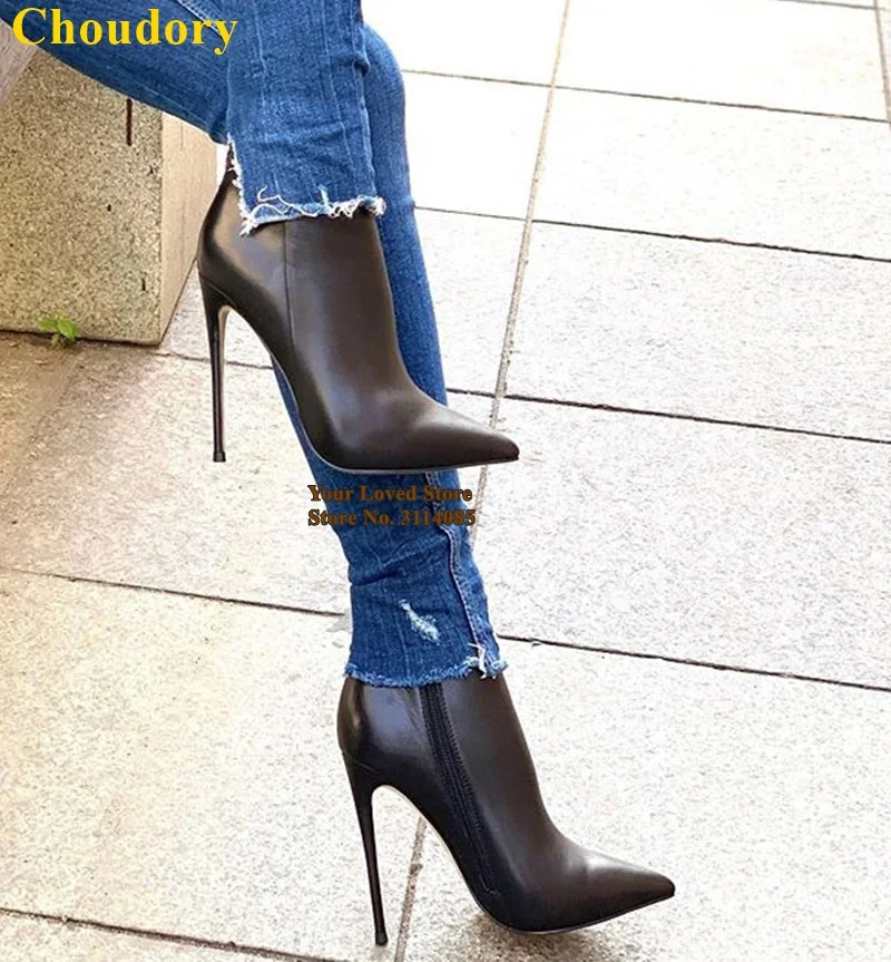 Choudory Nude Black Burgundy Stiletto Heels Ankle Boots Top Quality Matte Leather Pointy Toe Dress Shoe Gladiator Motorcyle Boo