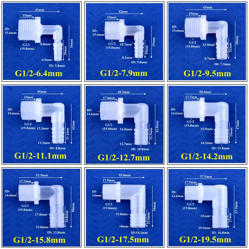 5~200pcs G1/2 Male Thread To 6.4~19.5mm PP Pagoda Elbow Connector Aquarium Tank Air Pump Adapter Irrigation Water Hose Joint