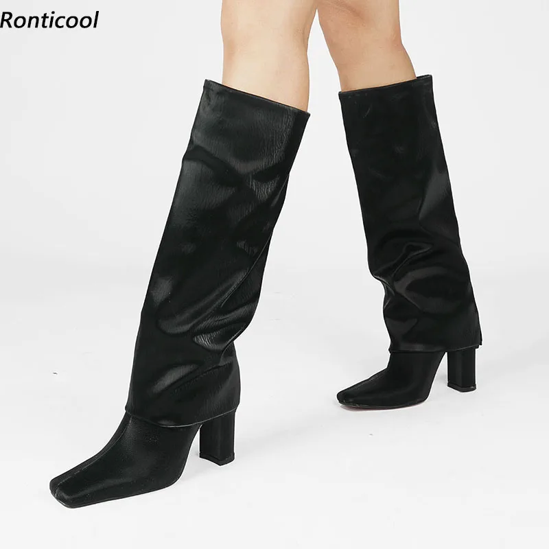 Ronticool Fashion Women Winter Knee Slip On Boots Chunky Heels Square Toe Black Burgundy Green Night Club Shoes US Size 5-15