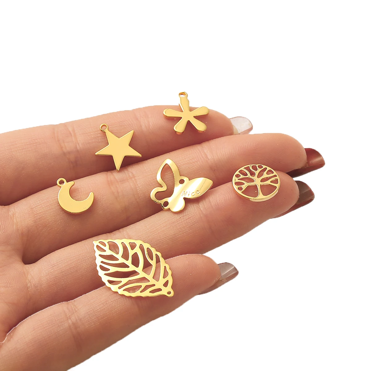 18K Real Gold Plated 5Pcs Tree Leaves Star Charms Tail Chain Charms Handmade Earrings Bracelet Necklace DIY Jewelry Accessories