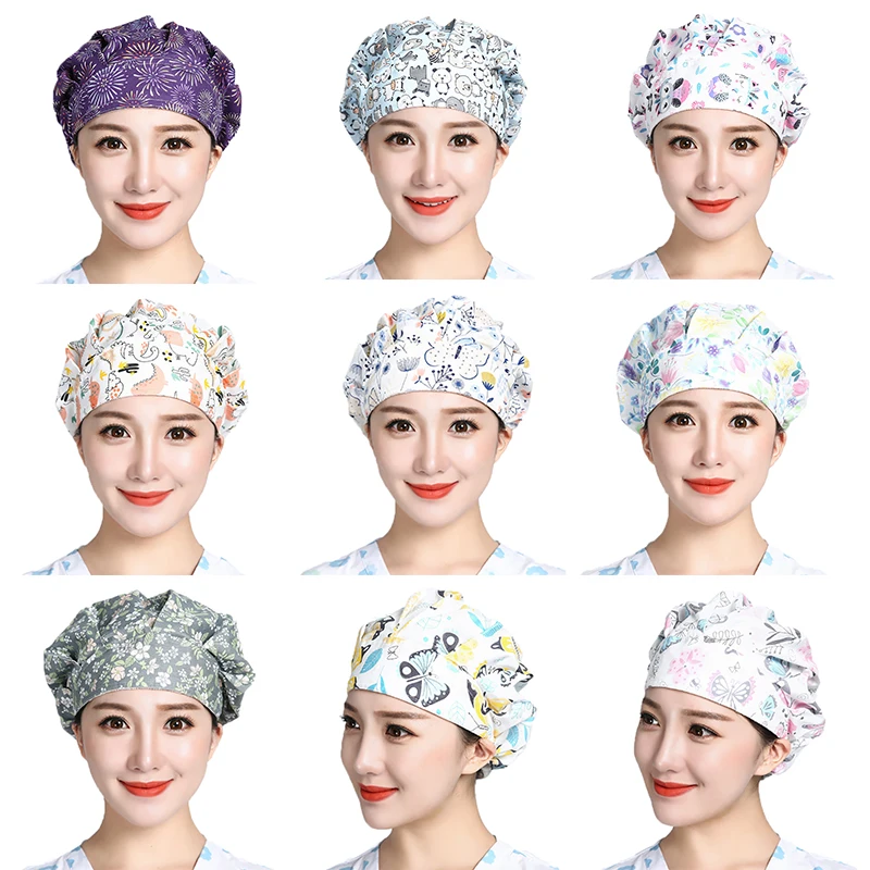 Scrub Caps Printed Cotton Breathbale Adjustable Bouffant Hats Head Cover Anti-dust Washable Women Workwear Hair Cover Cappello