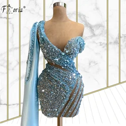 Trendy Sky Blue One Shoulder Tulle Cocktail Dress Sexy See Thru Beading Sequins Homecoming Dresses Luxury Crystals Prom Gowns