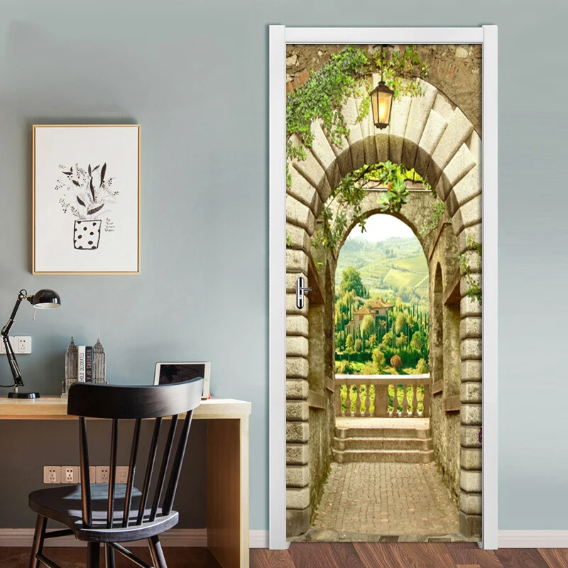 Stone Arch Town Scenery 3D Door Sticker Mural Living Room Door PVC Self-adhesive Waterproof 3D Wallpaper Home Door Decals Poster